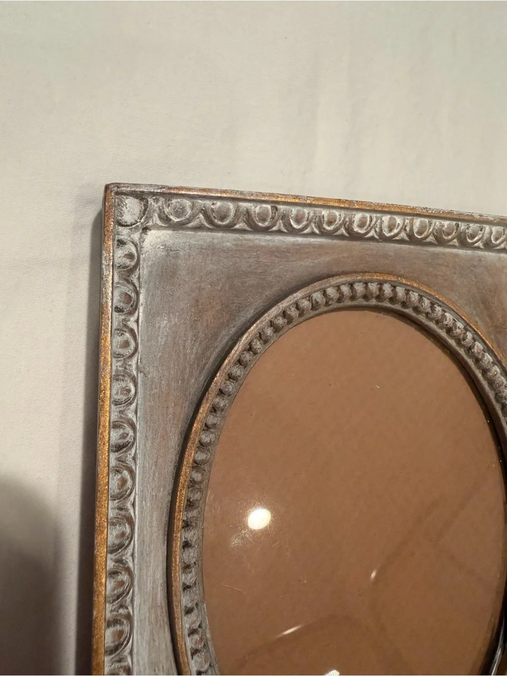 Vintage Ornate Oval Picture Frame in Distressed Whitewashed Brown and Gold